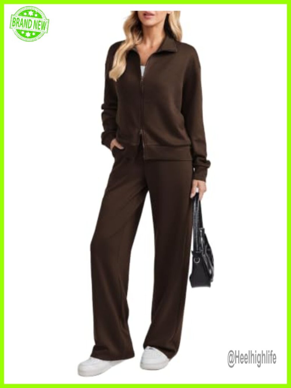 2 Piece Tracksuit Set Two Way Zip Top Wide Leg Pants Travel